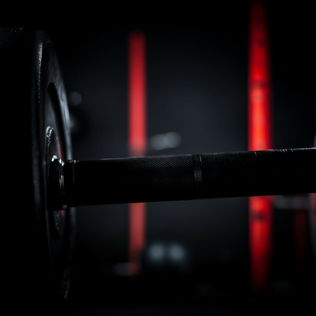 Black barbell with knurled grip in dark gym with red accent lighting, representing RPE training intensity